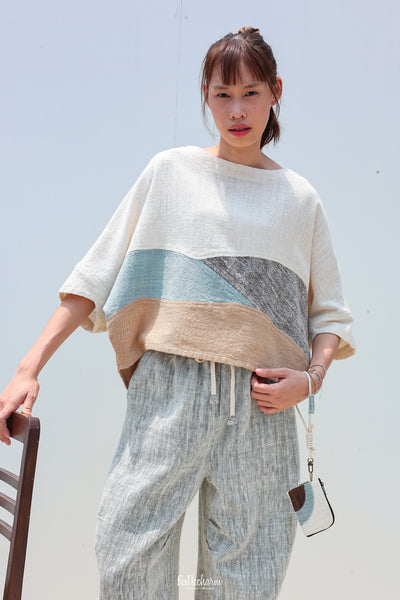 Batwing Cropped Blouse in Buak Blue Patchwork