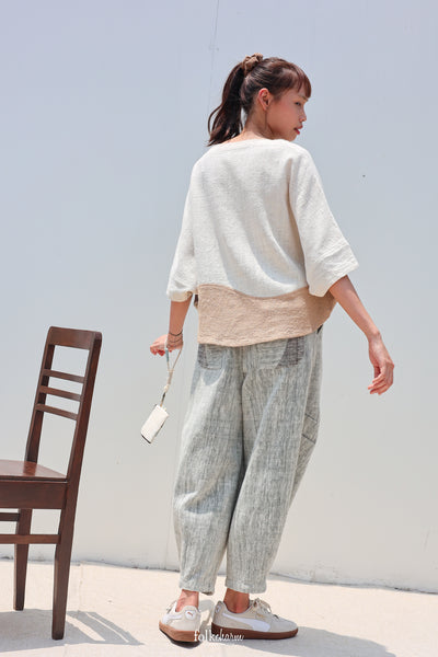 Batwing Cropped Blouse in Buak Blue Patchwork