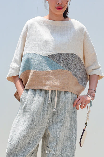 Batwing Cropped Blouse in Buak Blue Patchwork