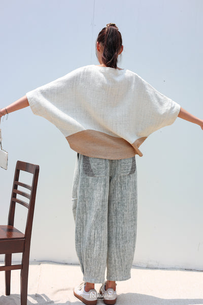 Batwing Cropped Blouse in Buak Blue Patchwork