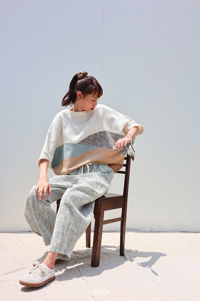 Batwing Cropped Blouse in Buak Blue Patchwork