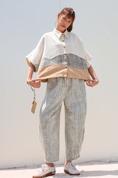 Kimono Shortsleeved Blouse in Buak Blue Patchwork