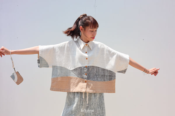 Kimono Shortsleeved Blouse in Buak Blue Patchwork