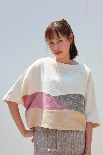 Batwing Cropped Blouse in Lac Pink Patchwork