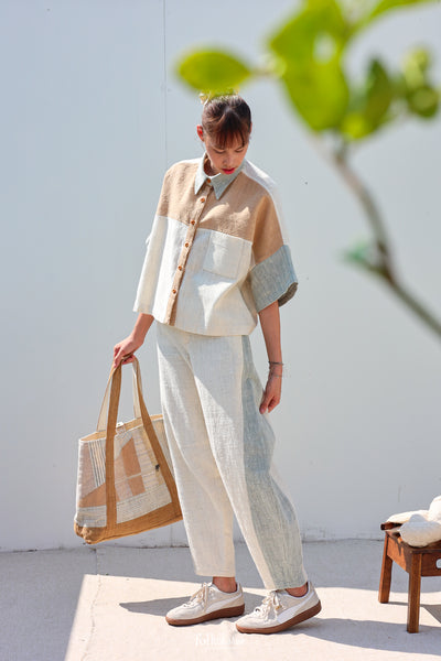 Kimono Shortsleeved Blouse in Buak Blue/Natural Brown