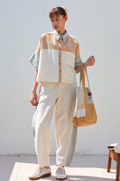 Kimono Shortsleeved Blouse in Buak Blue/Natural Brown