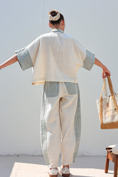 Two Tone Barrel-leg Trousers in Buak Blue