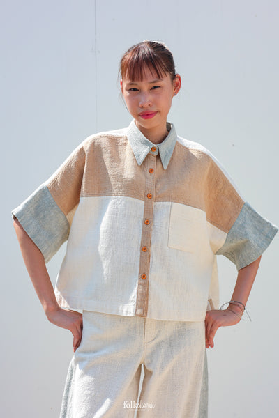 Kimono Shortsleeved Blouse in Buak Blue/Natural Brown