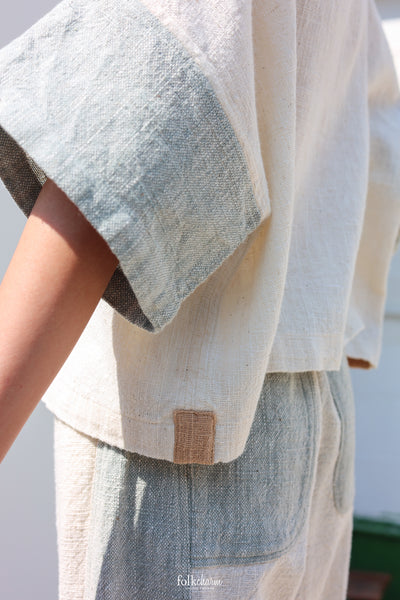 Kimono Shortsleeved Blouse in Buak Blue/Natural Brown